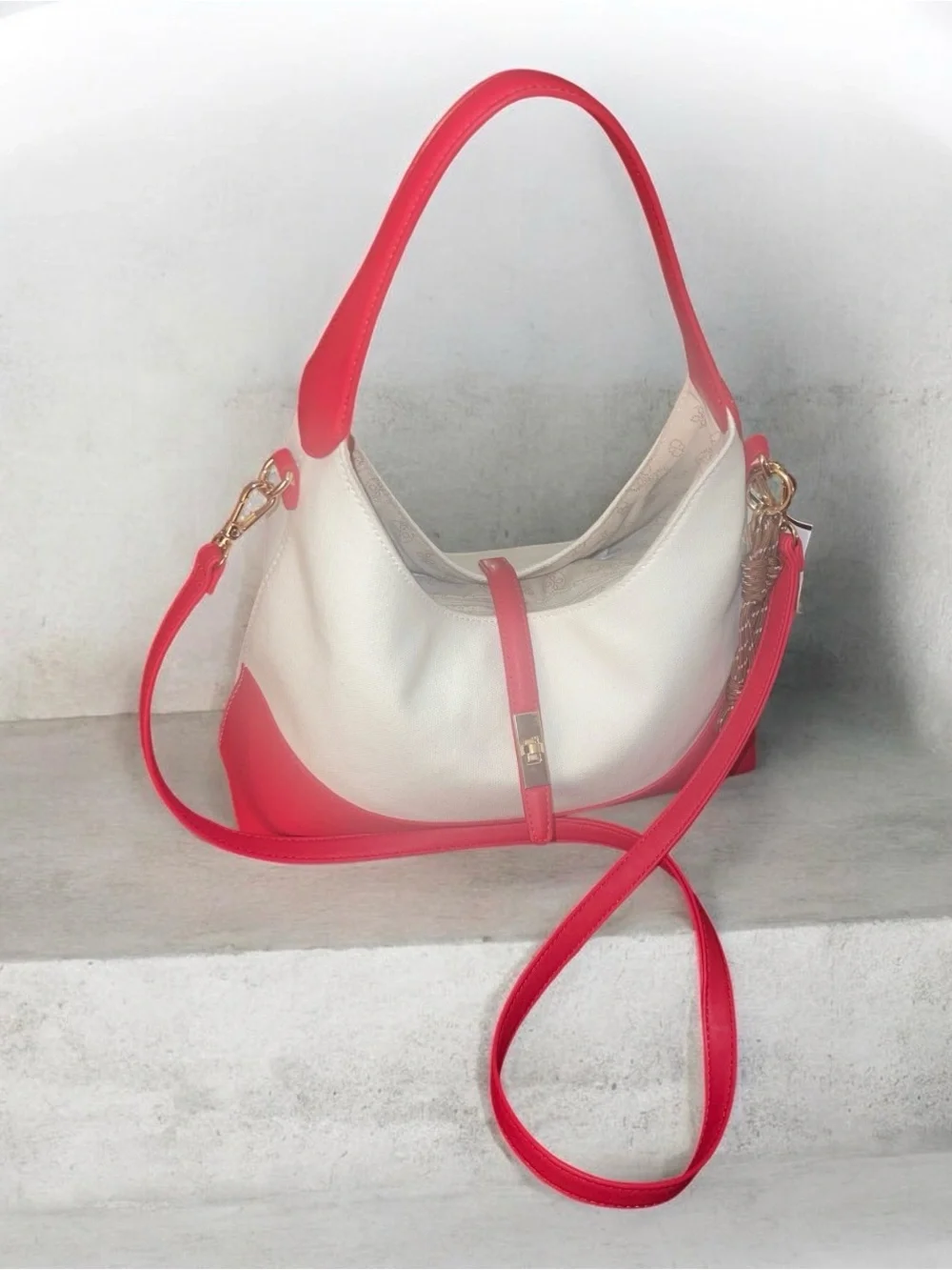 Crossi Cream and Pink Two-Tone Leather Hobo with Detachable Strap